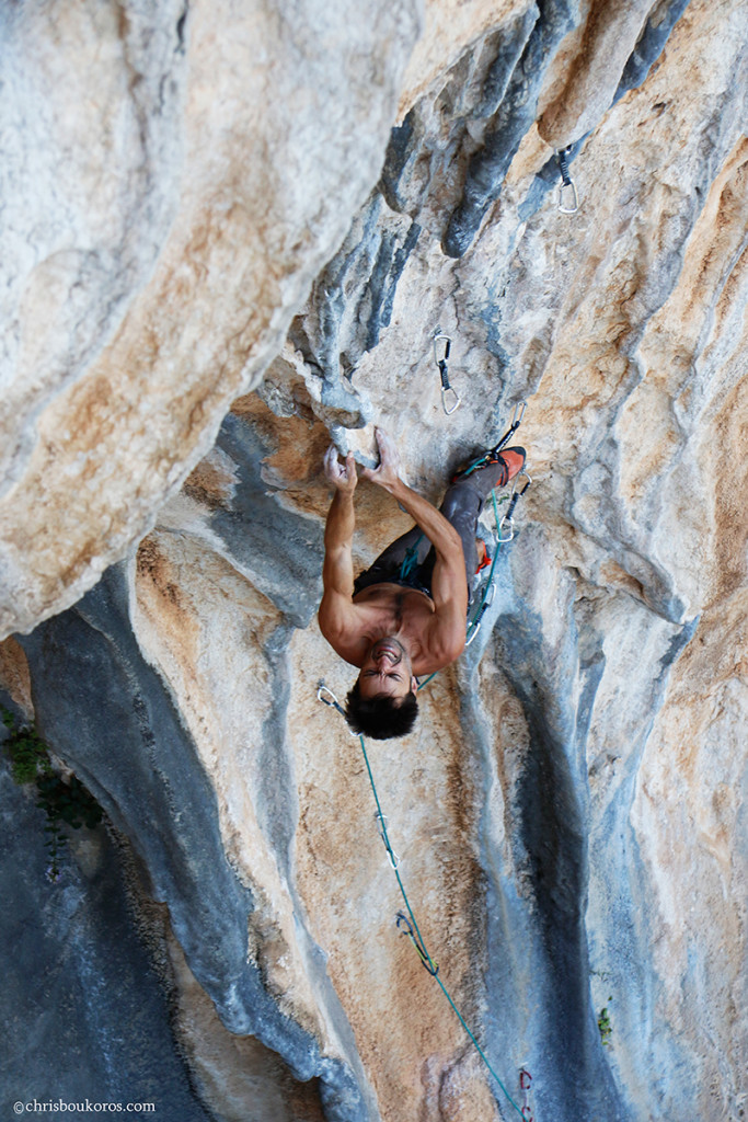 Aristomenis Thanopoulos gives it his all on "Magnum Opus" 7b+, sector Babala, Kyparissi. Photo: Chris Boukoros